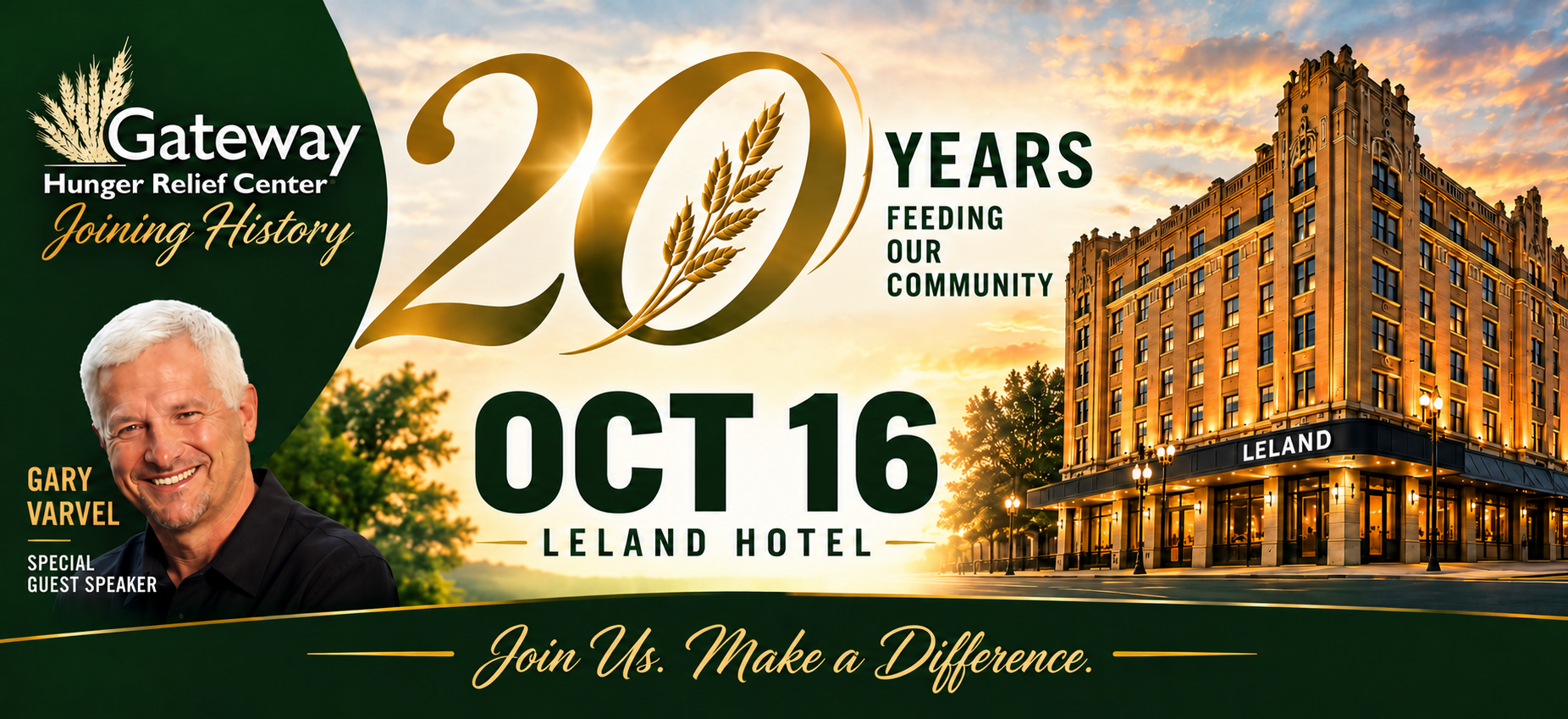 Gateway Hunger Relief Center 20th anniversary event banner for October 16 at the Leland Hotel